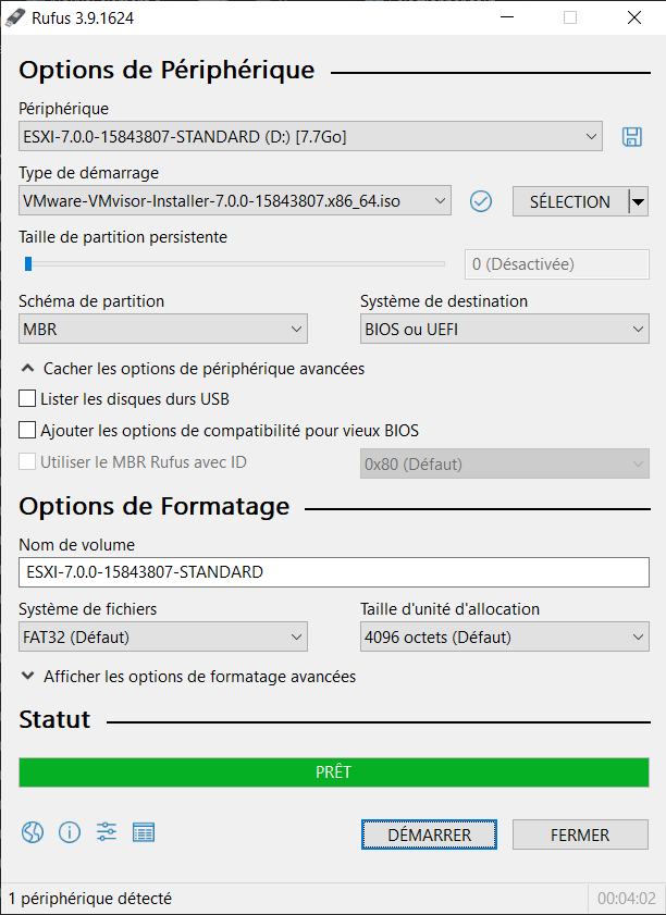 Screenshot du logiciel Rufus avec les paramètres choisis pour  rendre une clé usb bottable avec l'image iso de Vmware Esxi 7.0