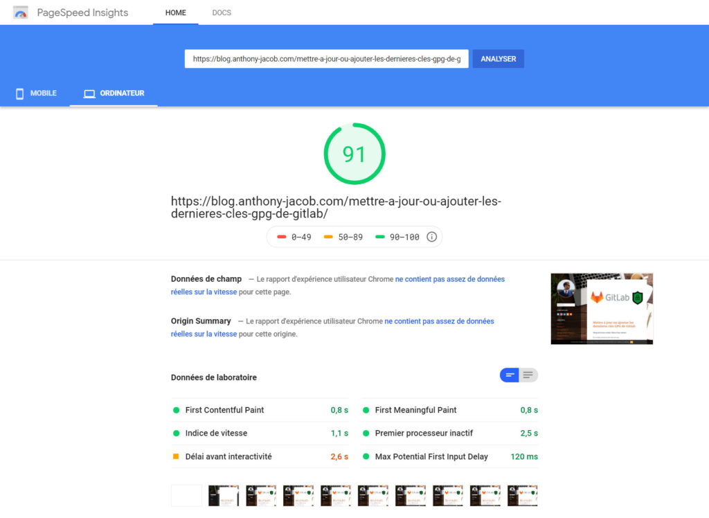 Score de 91 sur la page Google PageSpeed Insights avec un article simple