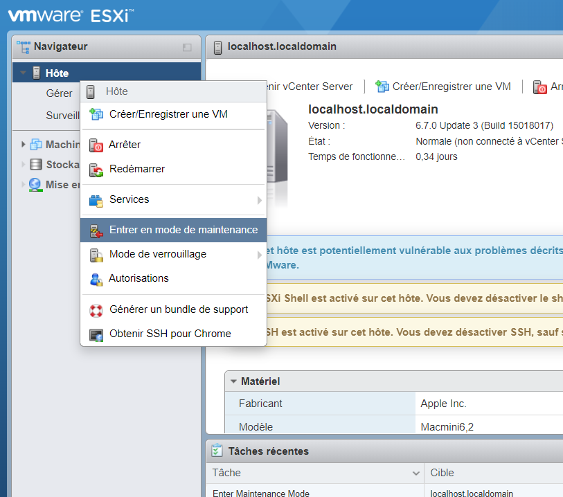 screenshot de l'interface Vmware Esxi pour mettre l'hote en mode maintenance