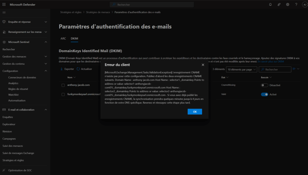 microsoft security erreur CNAME Missing